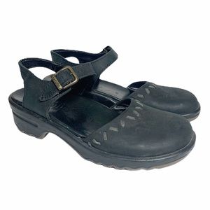 Sanita Black Leather Ankle Strap Clogs, Size 40